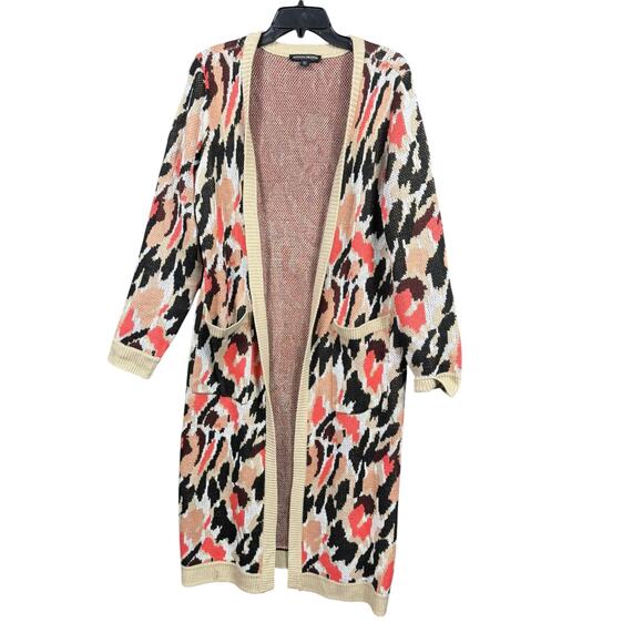 Boston Proper Sweater Womens Large Tan Animal Print Long Open Front Cardigan - Picture 1 of 8